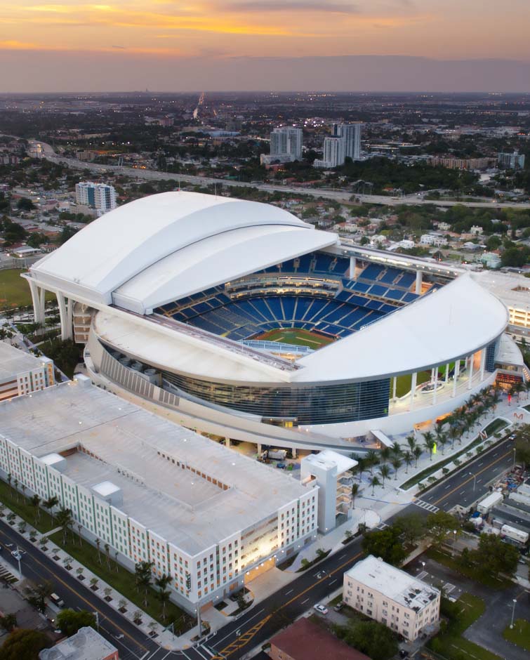 Aerial photo of new Miami Marlins baseball stadium construction on